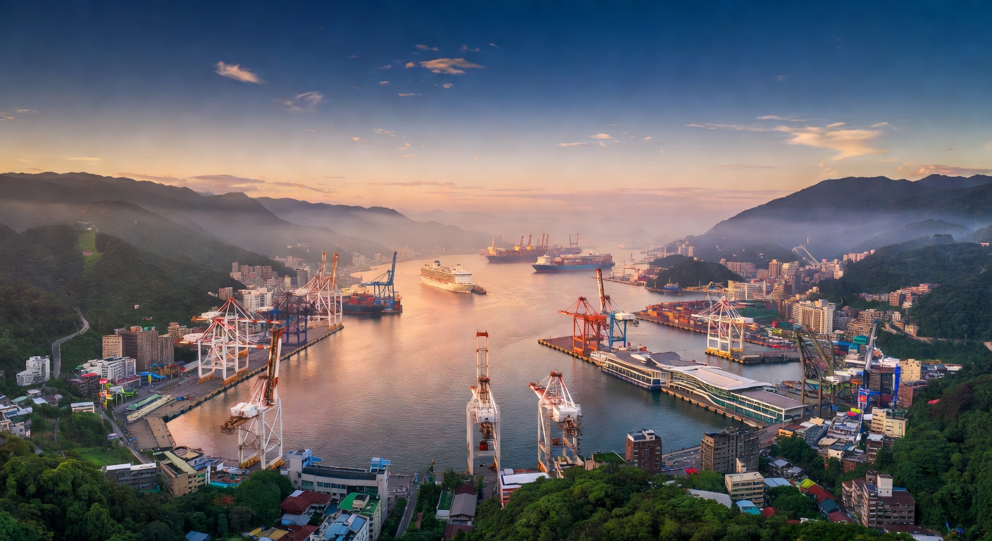 A wide cinematic aerial photograph of Keelung Harbor at golden hour with cargo cranes and passenger terminals visible along the waterfront, framed by the surrounding misty mountains of northern Taiwan