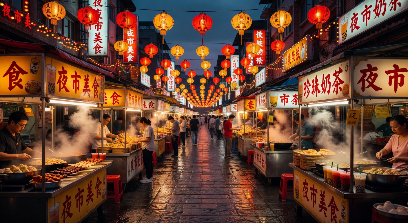 A wide editorial travel photograph of a bustling Taipei night market at evening, with steaming food stalls, warm lantern light, and rows of street vendors stretching into the distance, capturing the e