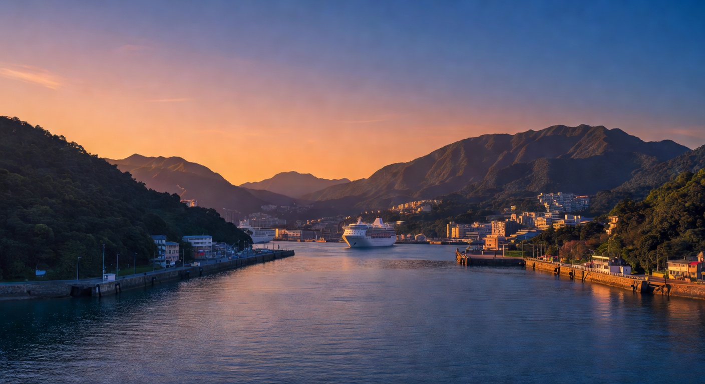A wide cinematic editorial photograph of Keelung harbour at golden hour, with the mountainous northern Taiwan coastline framing the deep blue water and a cruise ship or large vessel visible in the dis