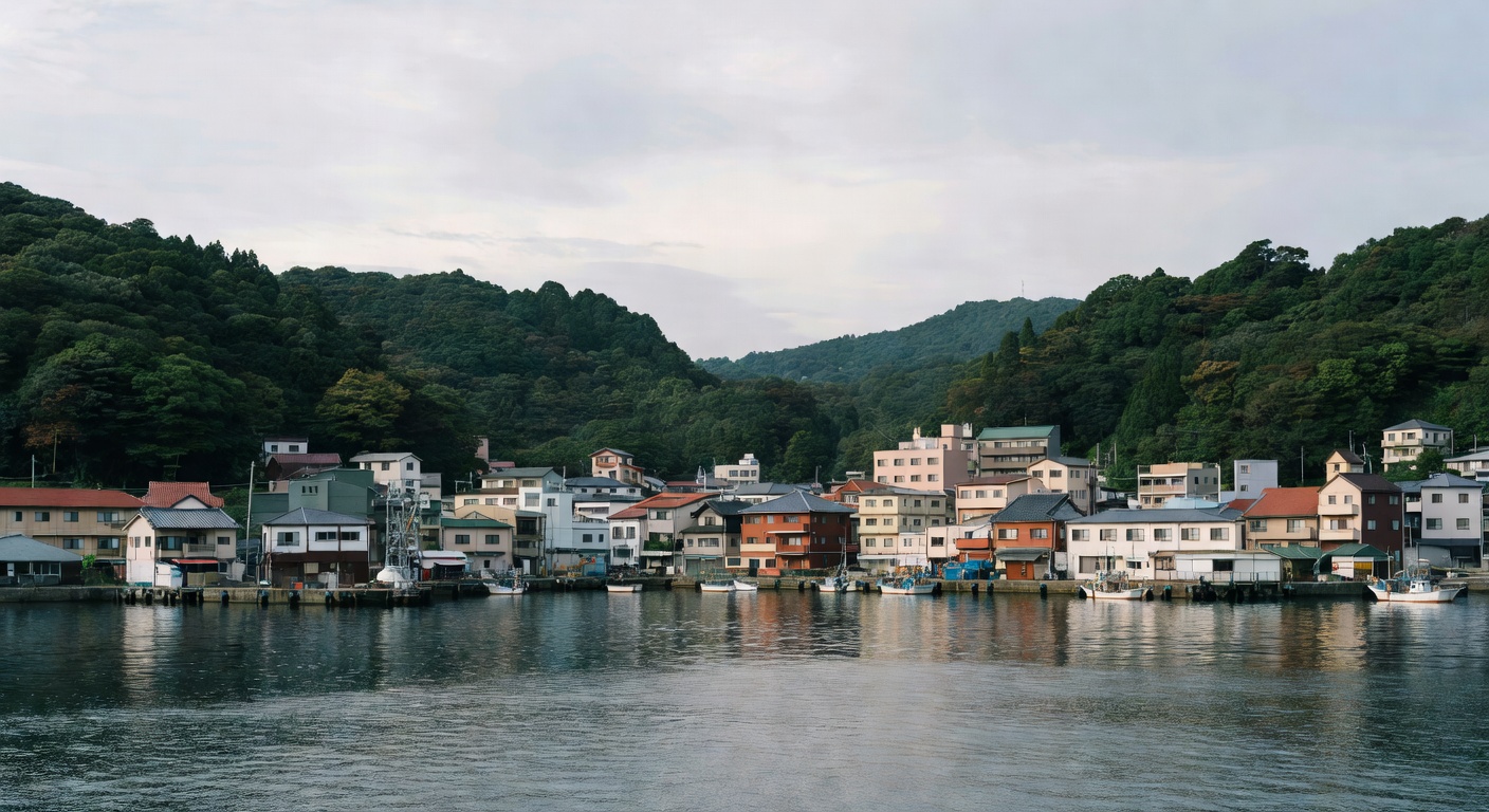 A wide panoramic editorial photograph of a Japanese or Korean coastal port city seen from the water, with forested hills rising behind a compact waterfront, under soft overcast light typical of the Ea