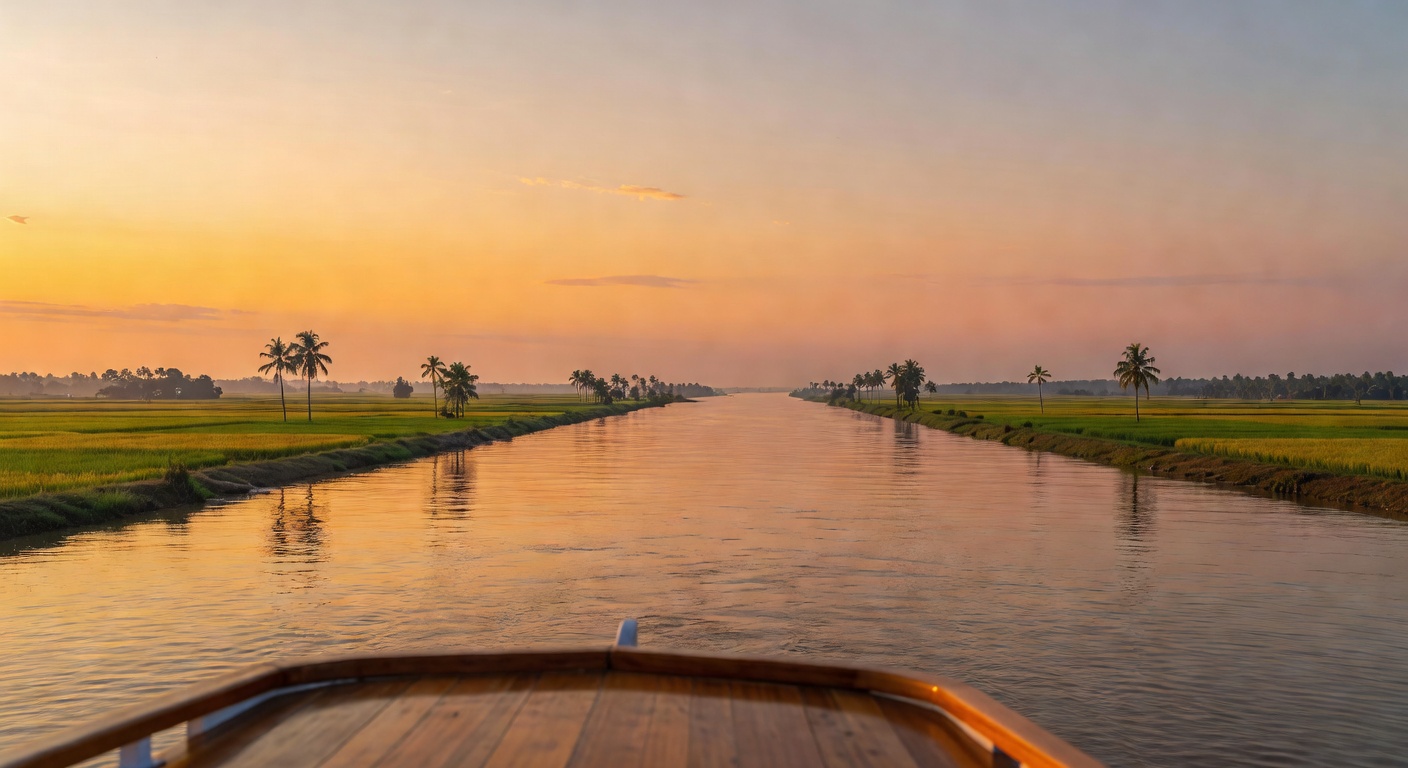 A wide cinematic editorial photograph looking out from the sundeck of a river cruise ship at a sweeping panorama of the Mekong River at sunset, with endless flat rice paddies, scattered palm trees, an