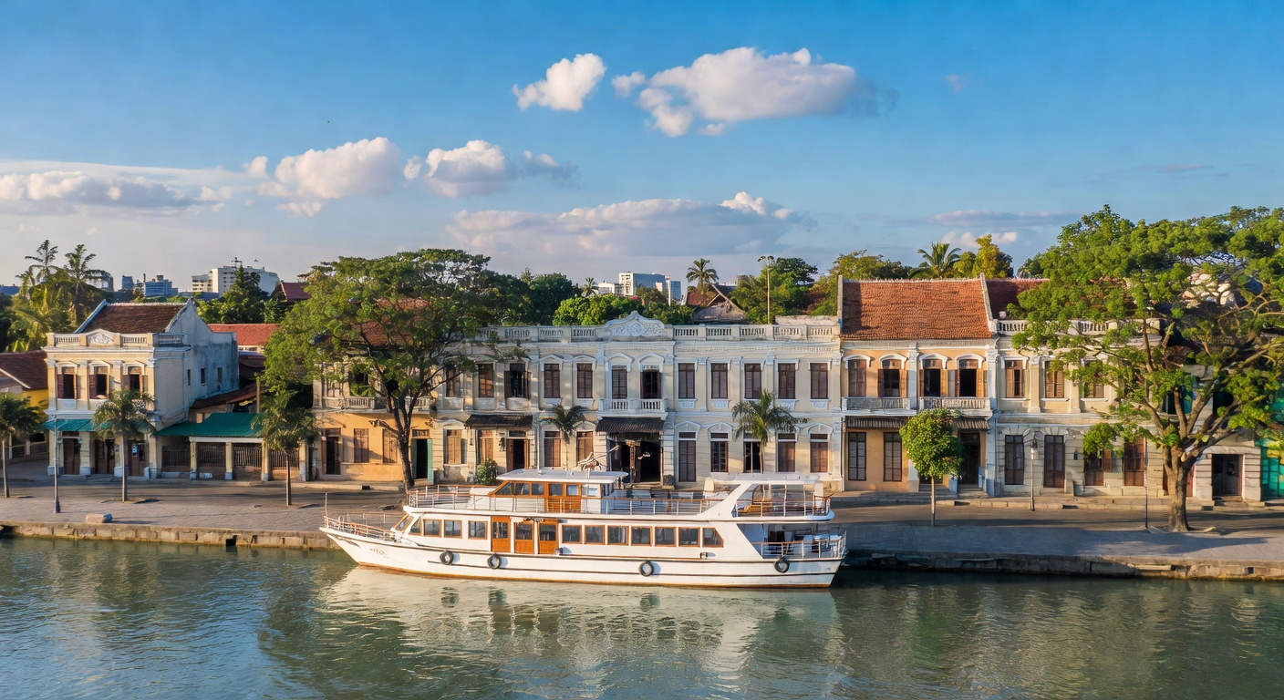 A wide editorial travel photograph of a compact, low-slung boutique river cruise vessel docked along Sisowath Quay in Phnom Penh with the city's riverside promenade and colonial-era buildings visible 