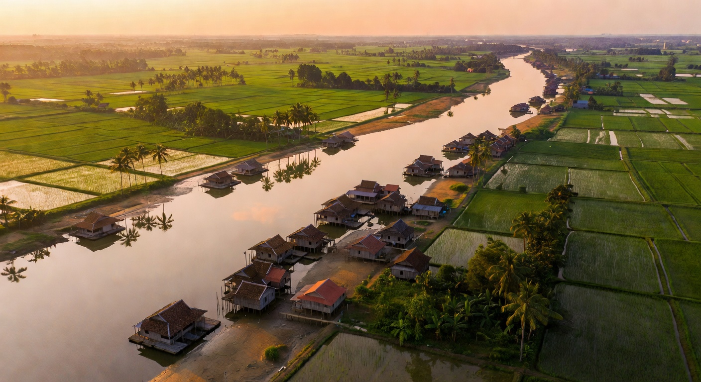 A wide aerial editorial travel photograph looking down at a calm stretch of the Mekong River near Phnom Penh with floating villages, green rice paddies, and palm trees lining the riverbanks under soft