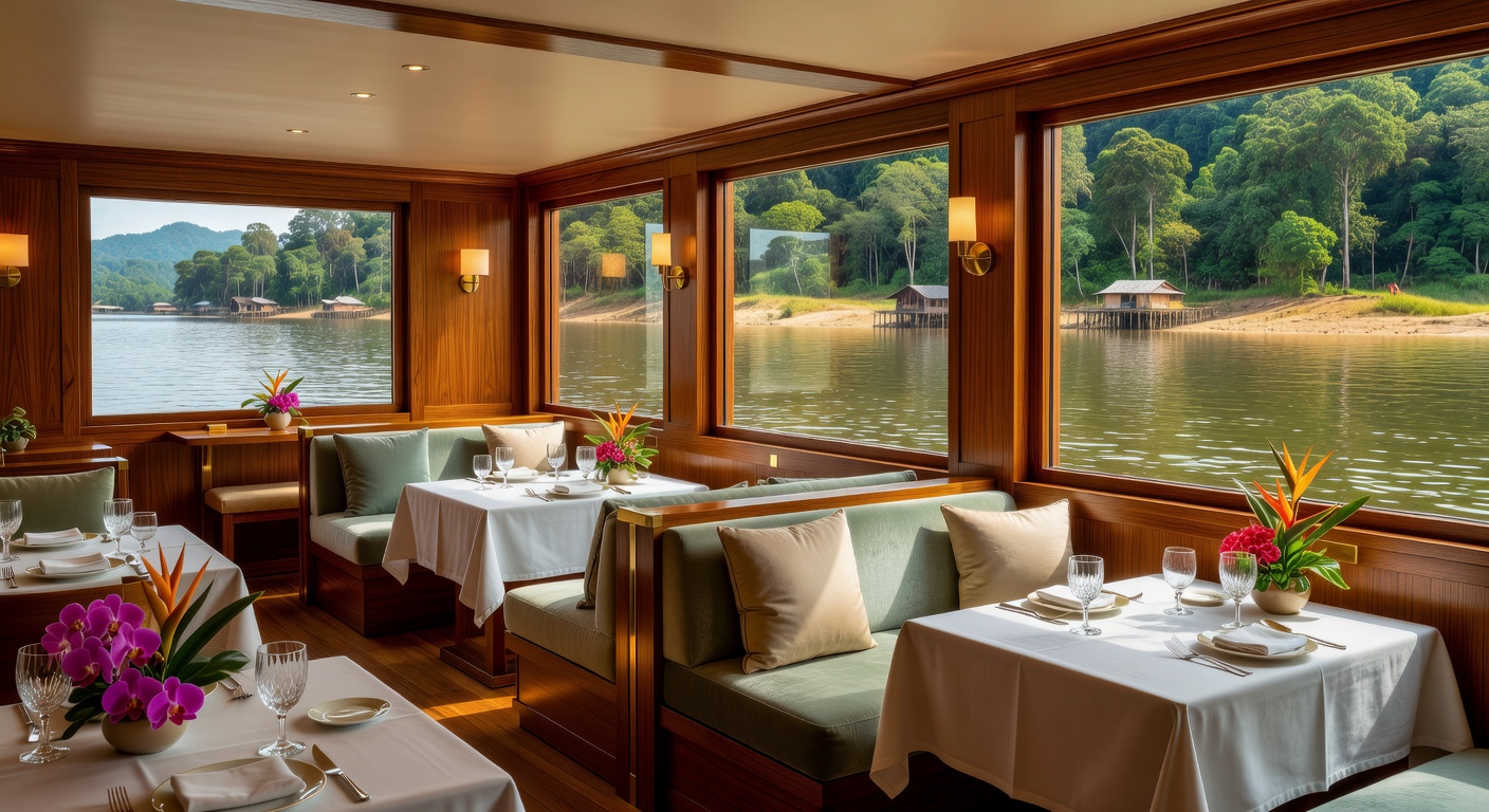 A wide editorial travel photograph of an elegantly appointed river cruise ship lounge or dining room with warm wood paneling, clean contemporary design, and floor-to-ceiling windows framing the passin