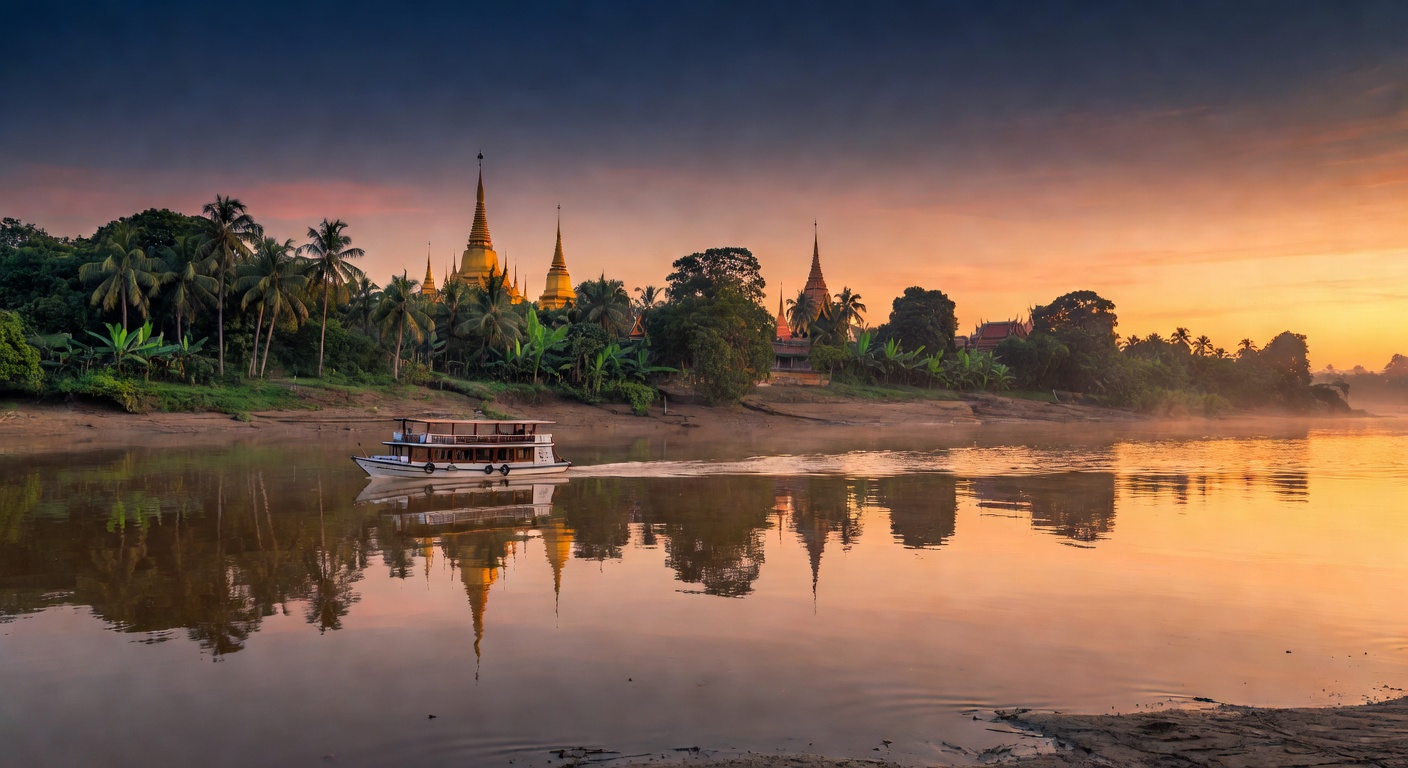 A wide cinematic editorial photograph of the Mekong River at sunrise near Phnom Penh, with a small river cruise vessel gliding past golden pagoda spires and dense tropical vegetation reflected in the 