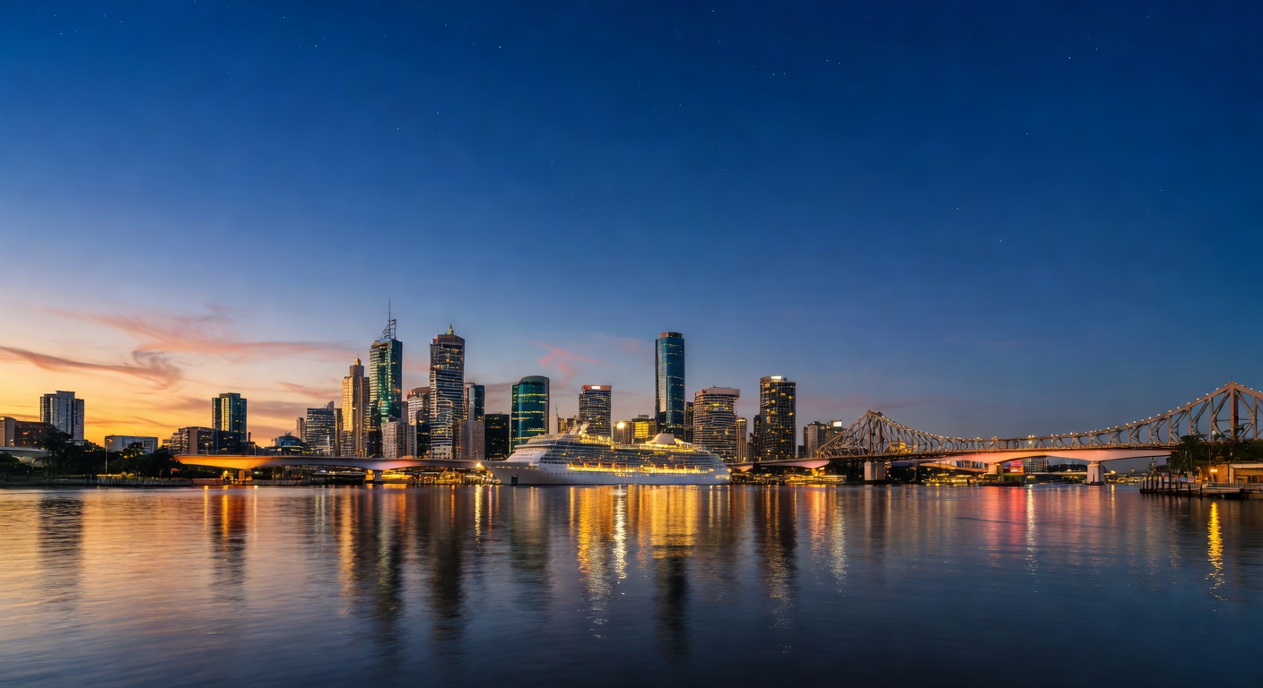 A wide panoramic editorial travel photograph of Brisbane's skyline and the Brisbane River at twilight with a large cruise ship visible along the waterfront, the city lights beginning to glow against a