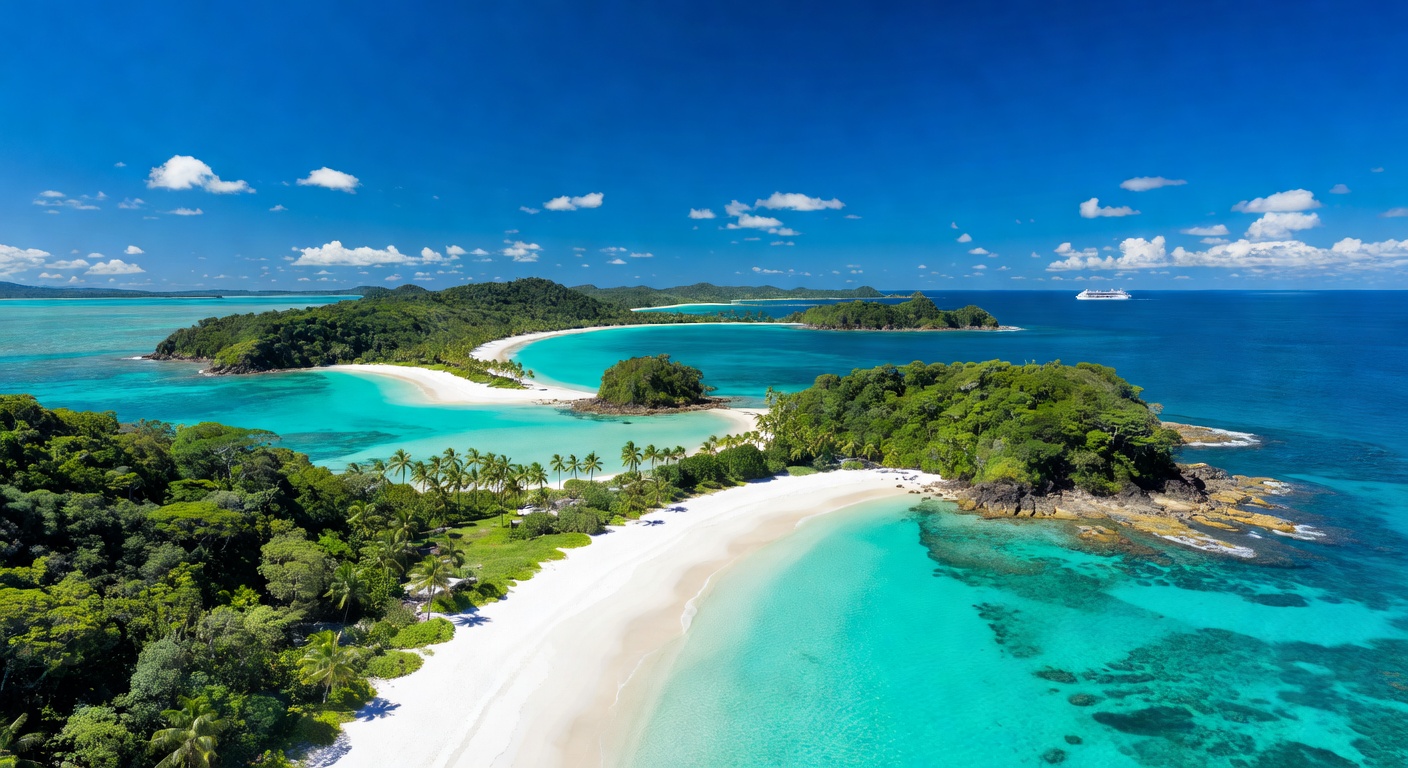 A wide aerial editorial travel photograph of a turquoise tropical Queensland coastline with lush green headlands, white sand beaches, and a distant cruise ship on the horizon under bright blue skies.