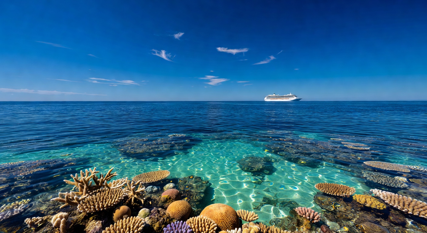 A wide dramatic editorial photograph of a coral reef visible through crystal-clear shallow water with a distant cruise ship anchored on the horizon under a vivid blue Australian sky.