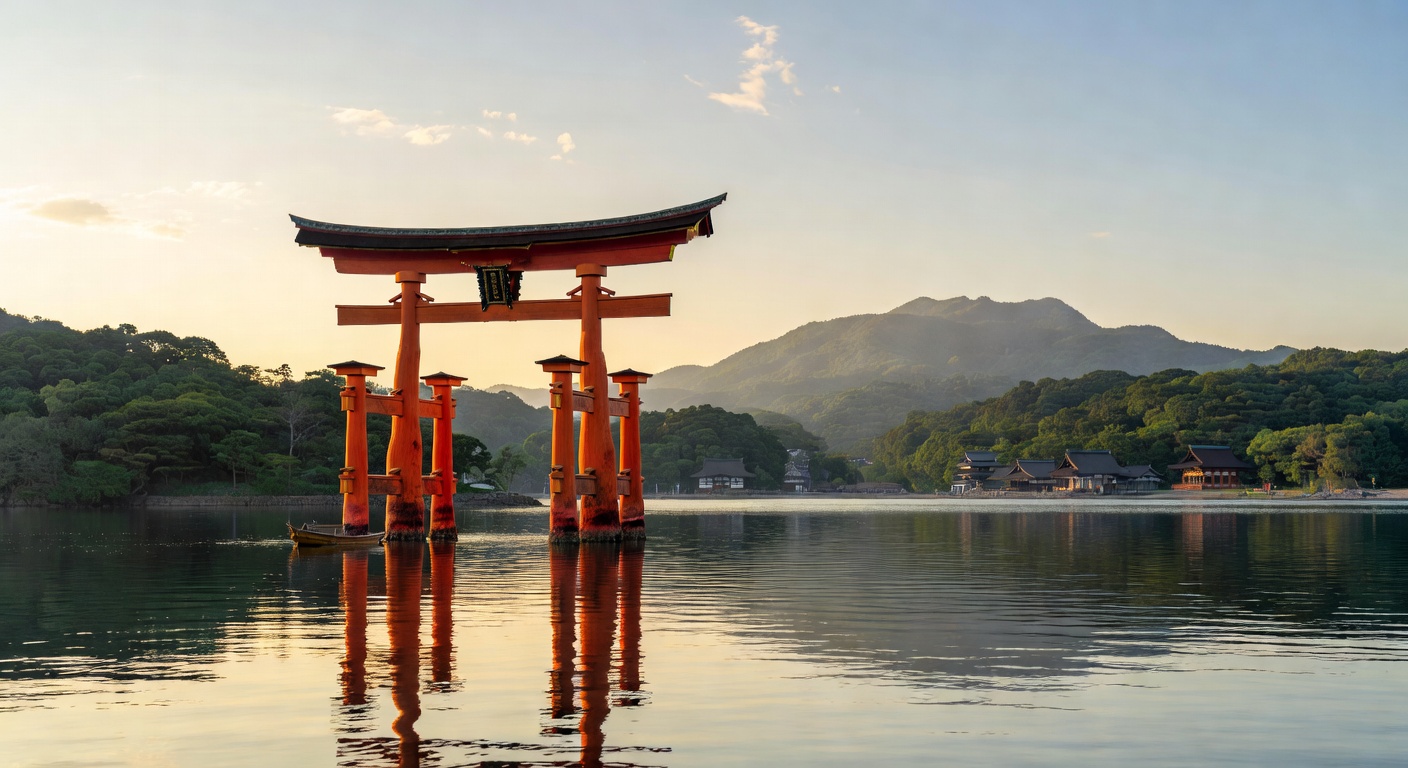 A wide editorial travel photograph of Hiroshima's iconic floating torii gate at Miyajima Island seen from the water with forested hills behind, evoking a cruise port of call along Japan's coast.