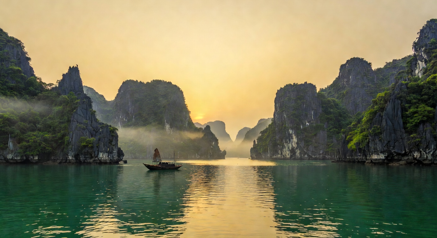 A wide cinematic editorial photograph of Ha Long Bay in Vietnam with dramatic limestone karsts rising from emerald green water under a hazy golden sky, a small traditional boat visible in the middle d
