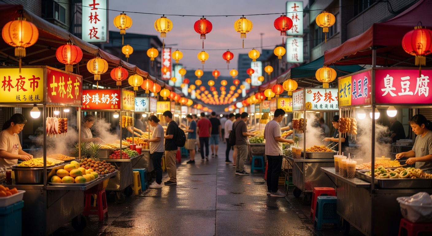 A wide editorial travel photograph of Taipei's bustling Shilin Night Market at dusk, with glowing lanterns, colourful food stalls, and a lively atmospheric streetscape stretching into the distance.