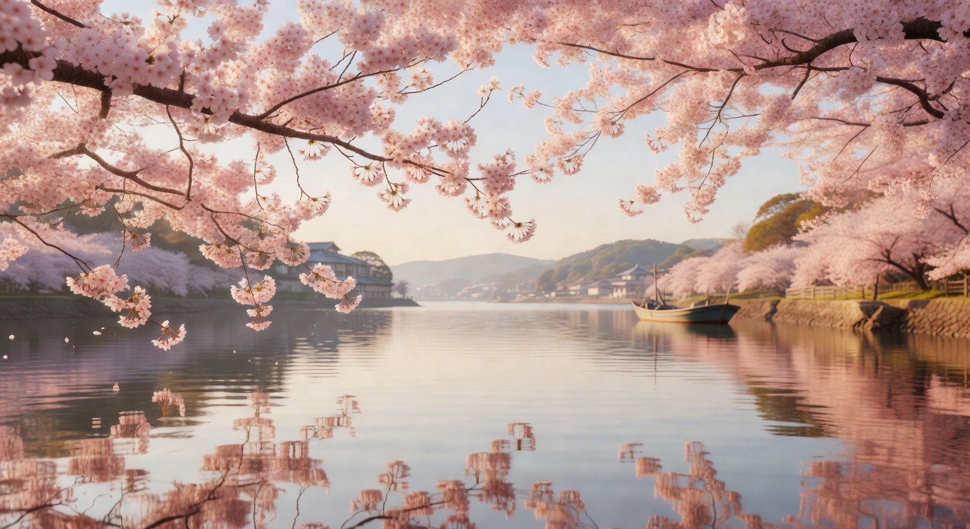 A wide editorial travel photograph of delicate pink cherry blossom branches framing a Japanese harbour waterfront in spring, with soft pastel light reflecting off calm water and a distant shoreline.
