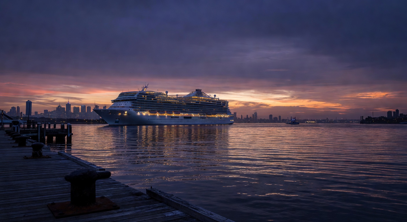 A wide editorial travel image of a cruise ship departing Station Pier or Port Melbourne at dusk, conveying the quieter, more selective nature of Melbourne's current cruise offerings.
