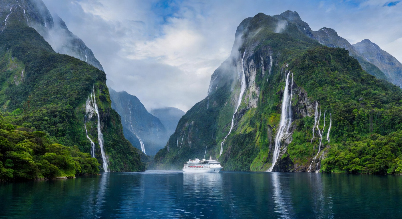 A wide editorial travel image of a cruise ship anchored or sailing near the dramatic fjords of New Zealand's Milford Sound, with towering green cliffs and misty waterfalls in the background.
