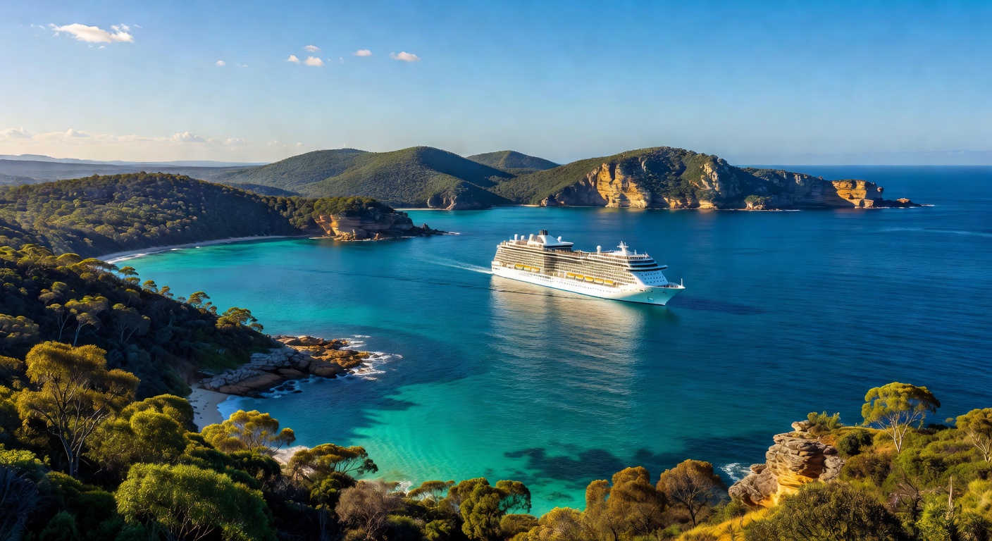 A wide editorial travel image of a cruise ship sailing along the dramatic Australian coastline with lush green headlands and turquoise water, evoking the sense of a coastal Australian cruise itinerary