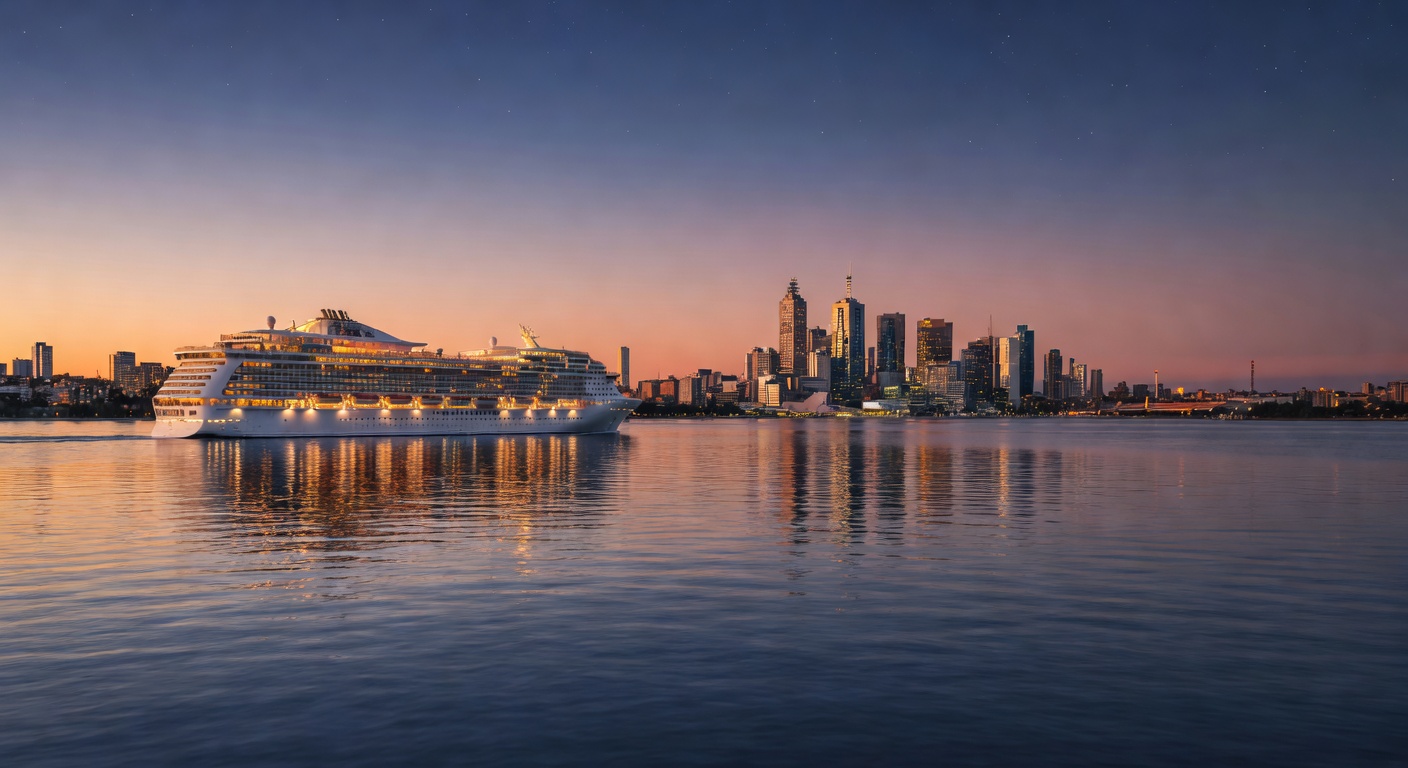 A wide panoramic editorial image of a cruise ship departing Port Phillip Bay at dusk with the Melbourne city skyline illuminated in the background and calm water reflecting warm light.