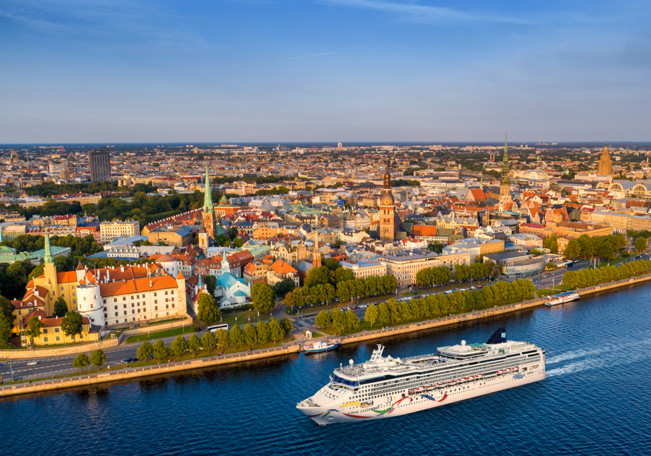 Aerial view of Riga old town at sunset. Latvia