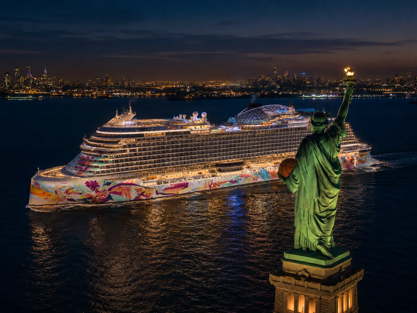 Cruise Passing By Statue of Liberty As She Holds Basketball