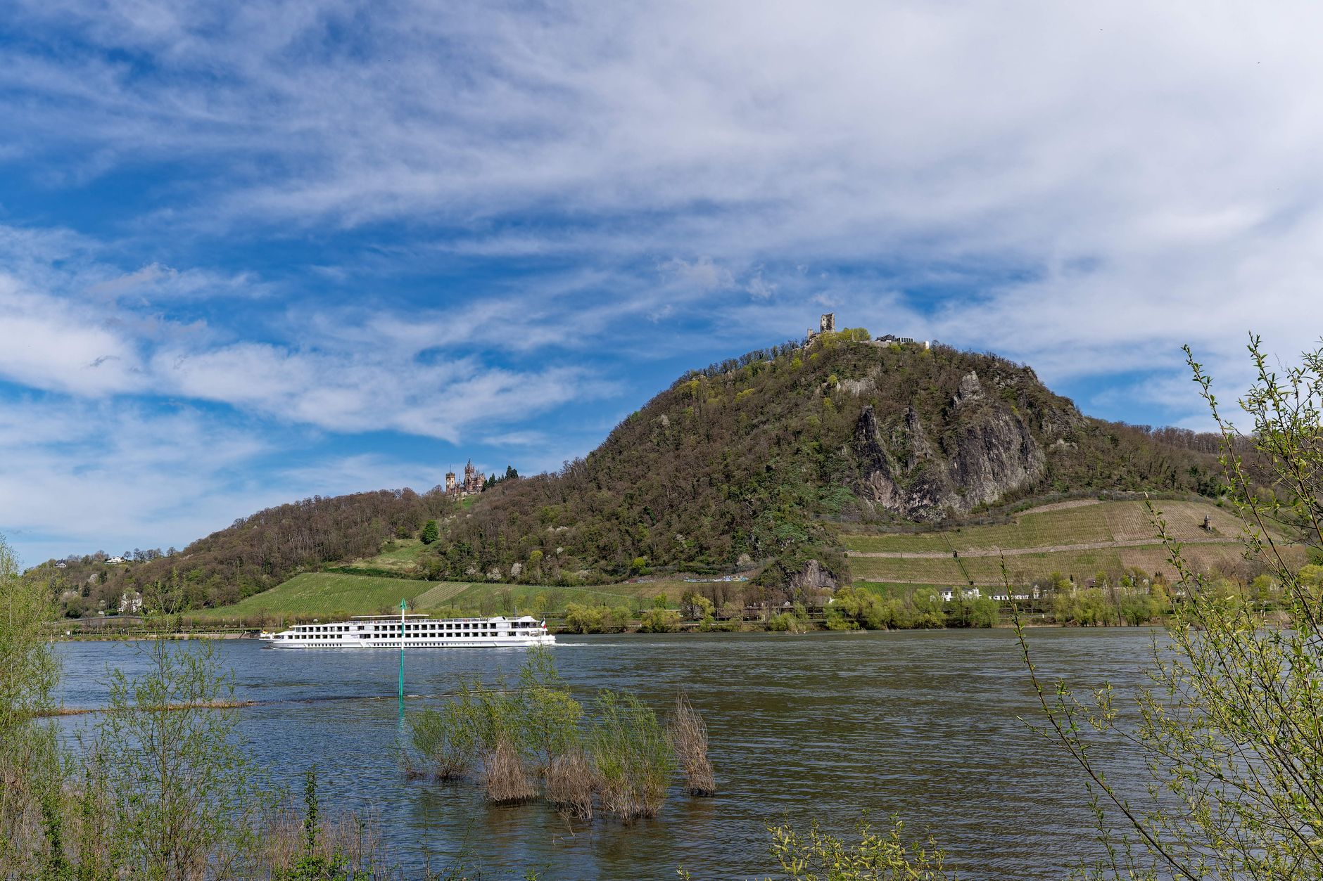 A river cruise ship glides along the Rhine River beneath a castle-topped hillside, capturing the scenic charm of European river cruising.