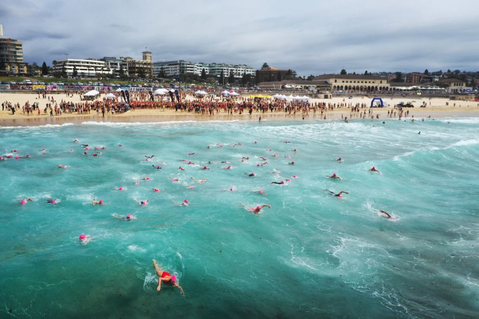 Aerial view of a swimming competition at Bondi Beach with crowds and blue ocean.