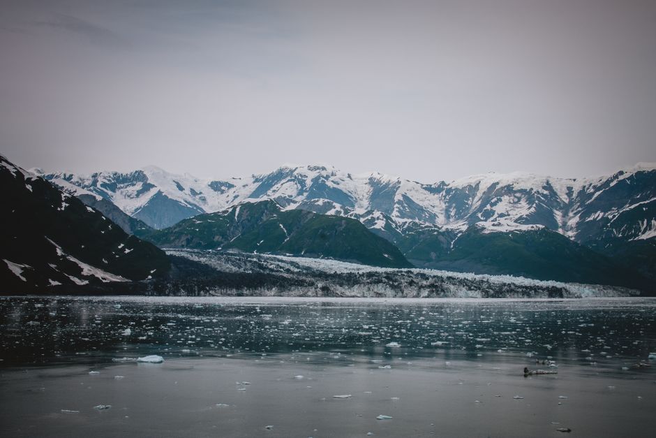 Snow-capped mountains and icy waters create a serene scene in the Alaskan wilderness.