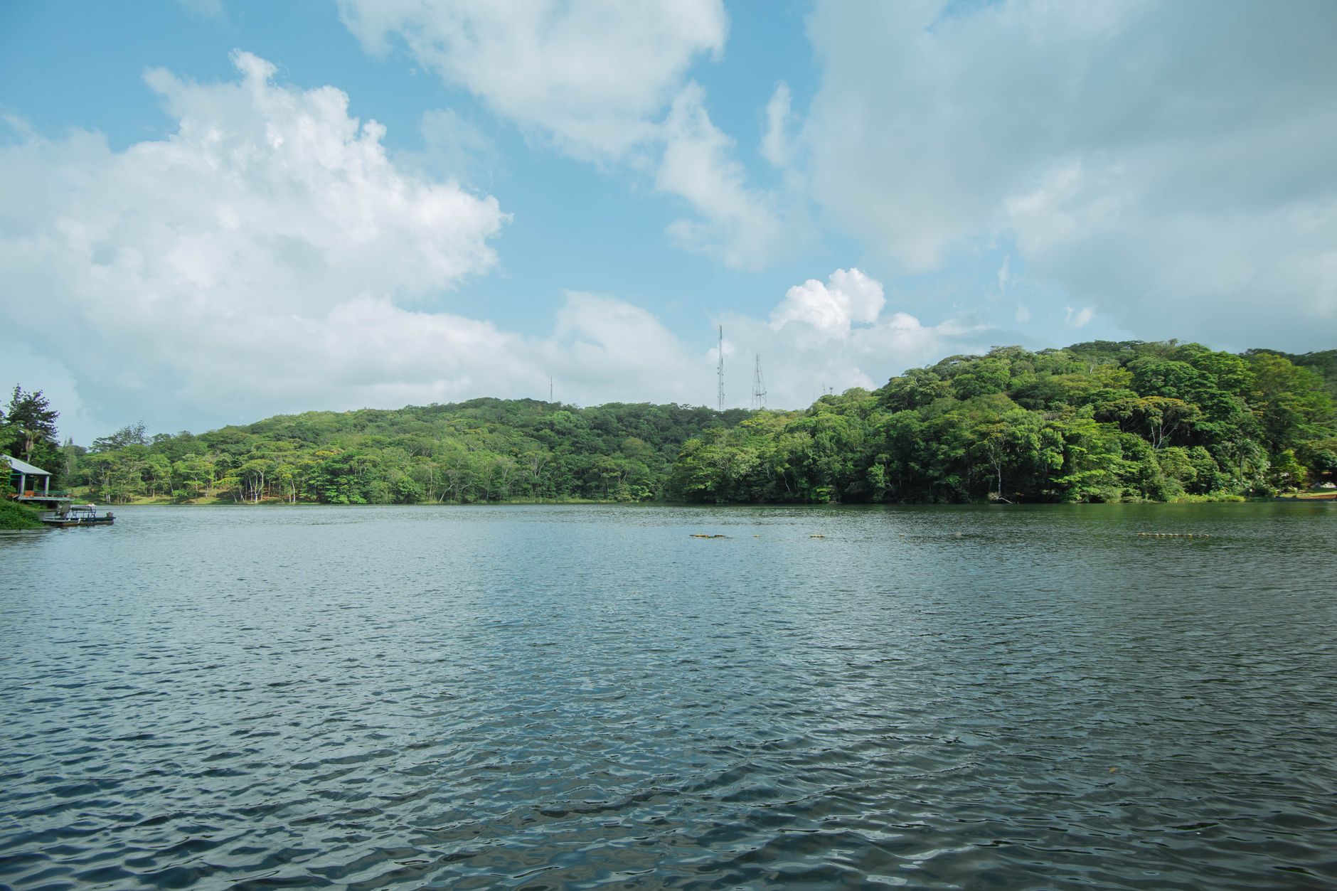 A tranquil freshwater lake surrounded by dense tropical forest under a bright sky, evoking the lush rainforest-lined waters of Gatun Lake along the Panama Canal route.