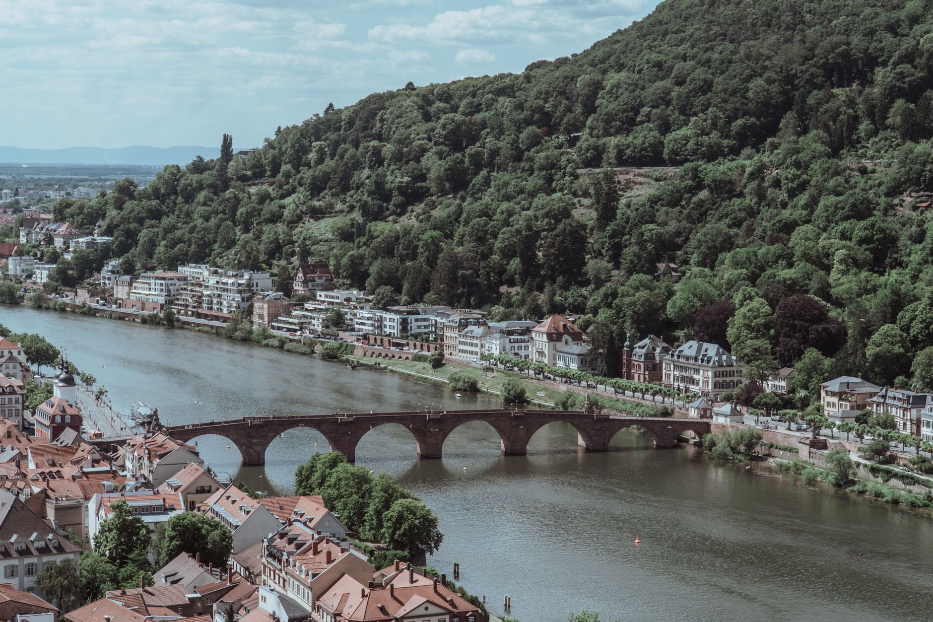 Aerial view of Heidelberg's historic bridge spanning the Neckar River, flanked by lush green hillsides — a classic European river cruise destination accessible from Prague itineraries.