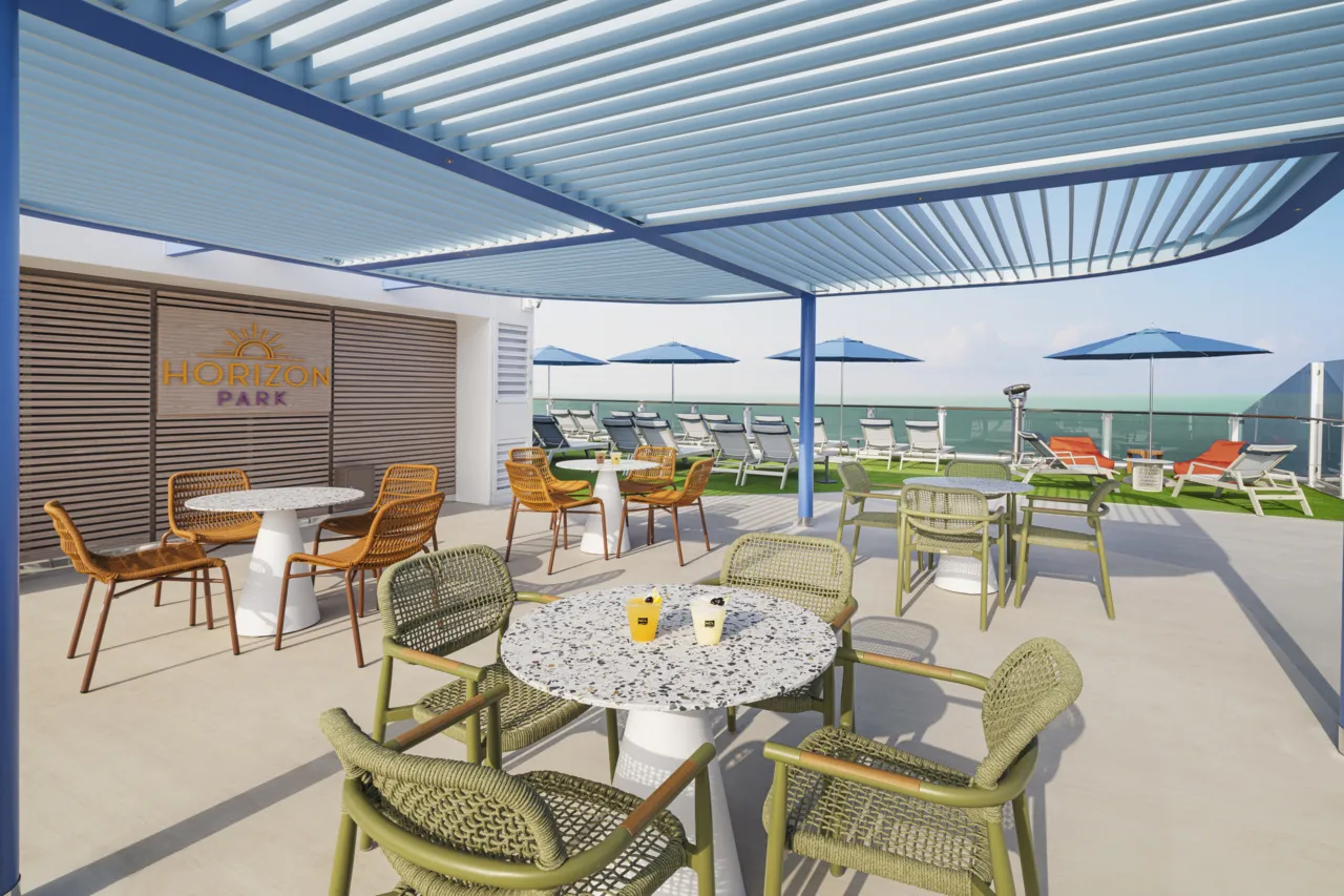 Norwegian Cruise Line Luna's Horizon Park outdoor deck with lounge seating and ocean views at sea.