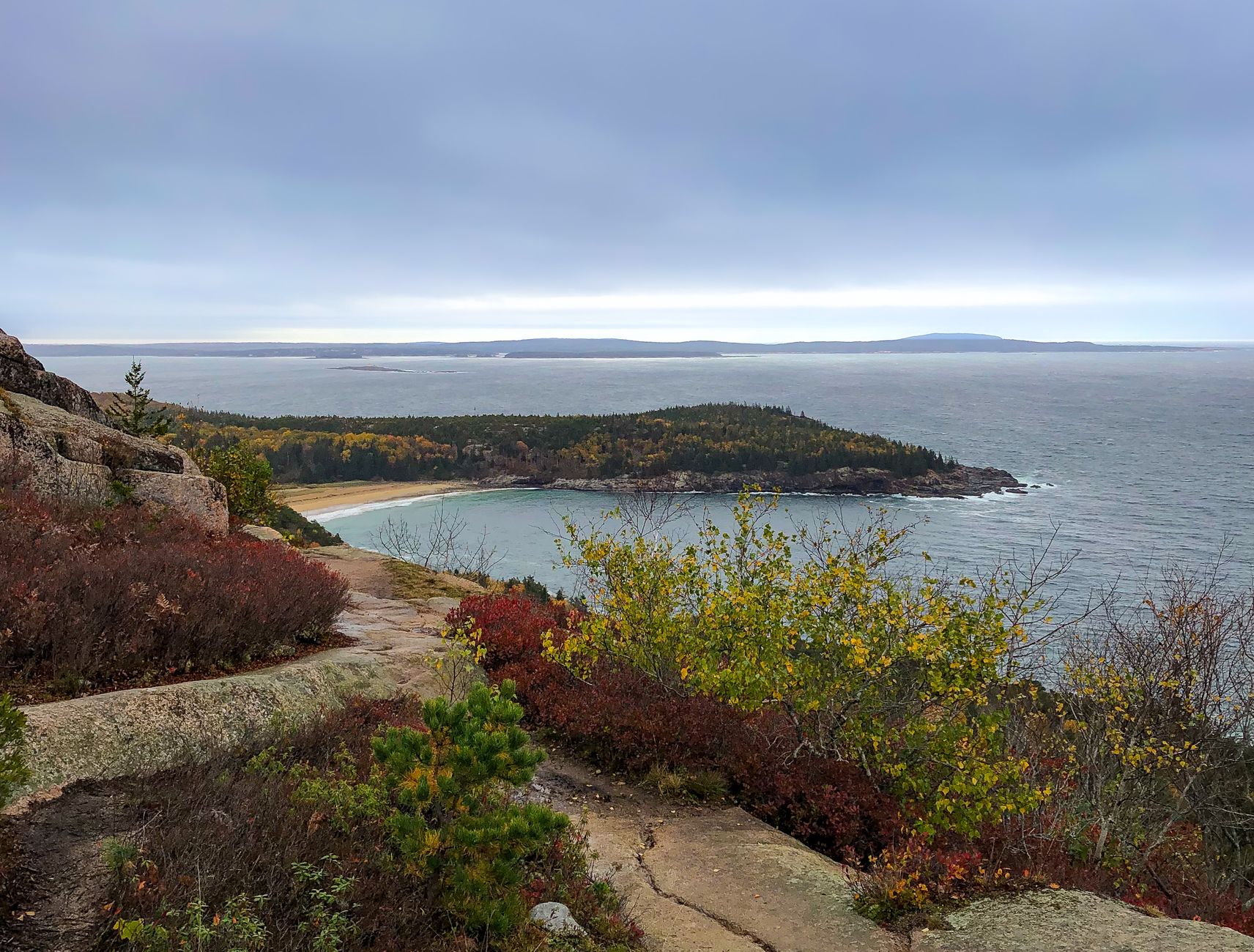 Bar Harbor, Maine coastline framed by vibrant autumn foliage, showcasing the forested hills and ocean views characteristic of Canada/New England cruise itineraries from Montreal.