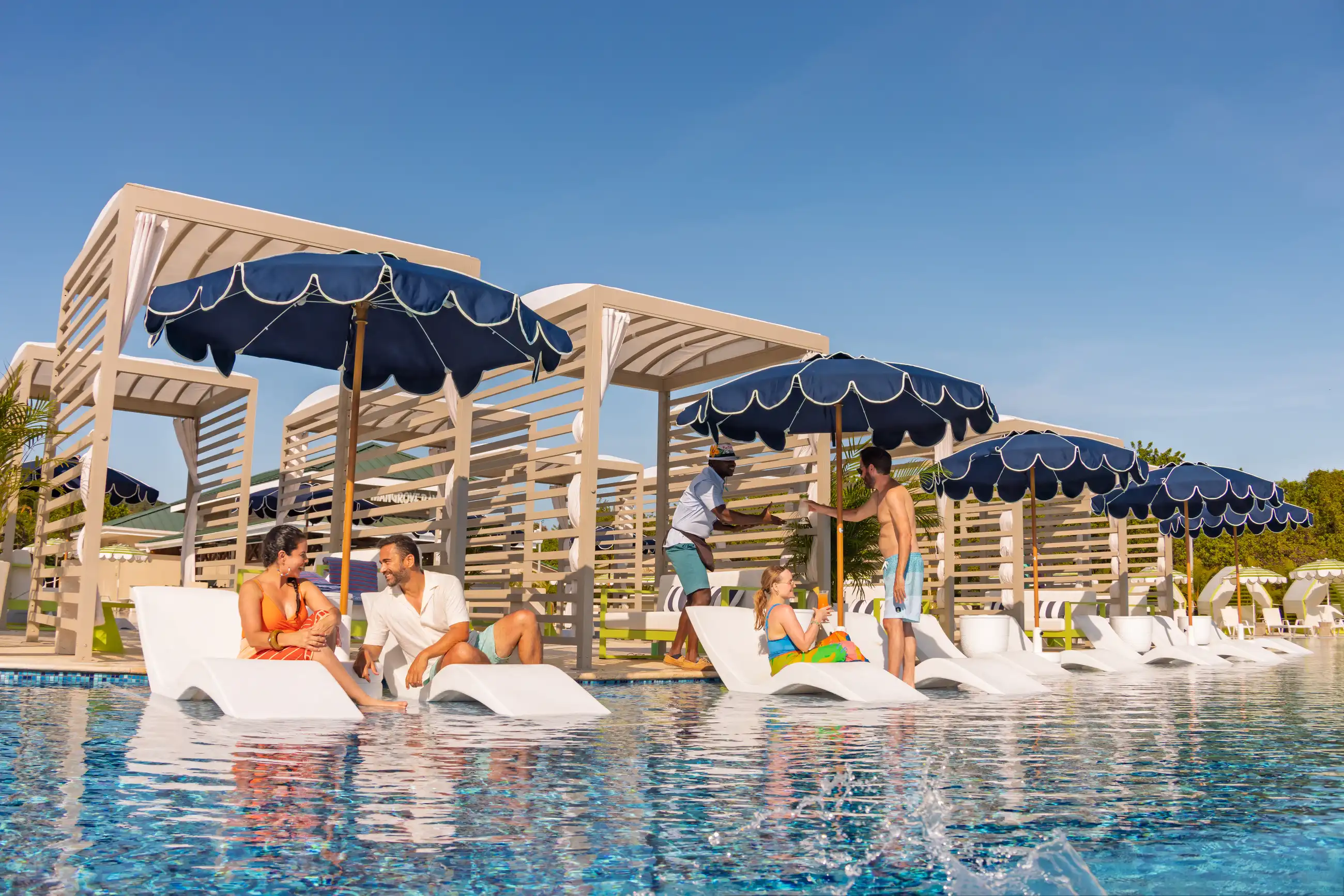 Aerial view of the Mangrove Bay pool complex at Isla Tropicale on Roatán