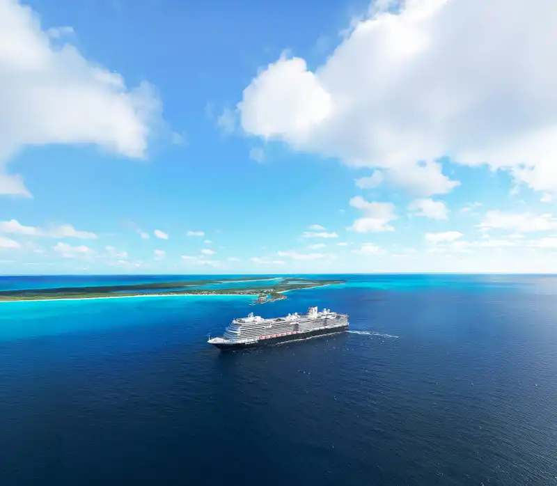 Aerial view of ms Nieuw Statendam cruise ship near Half Moon Cay in the Caribbean.