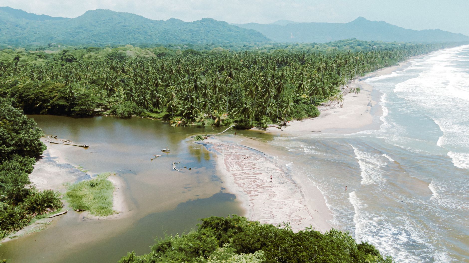 A breathtaking aerial view of Palomino Beach meeting the lush jungle and river in Magdalena, Colombia.