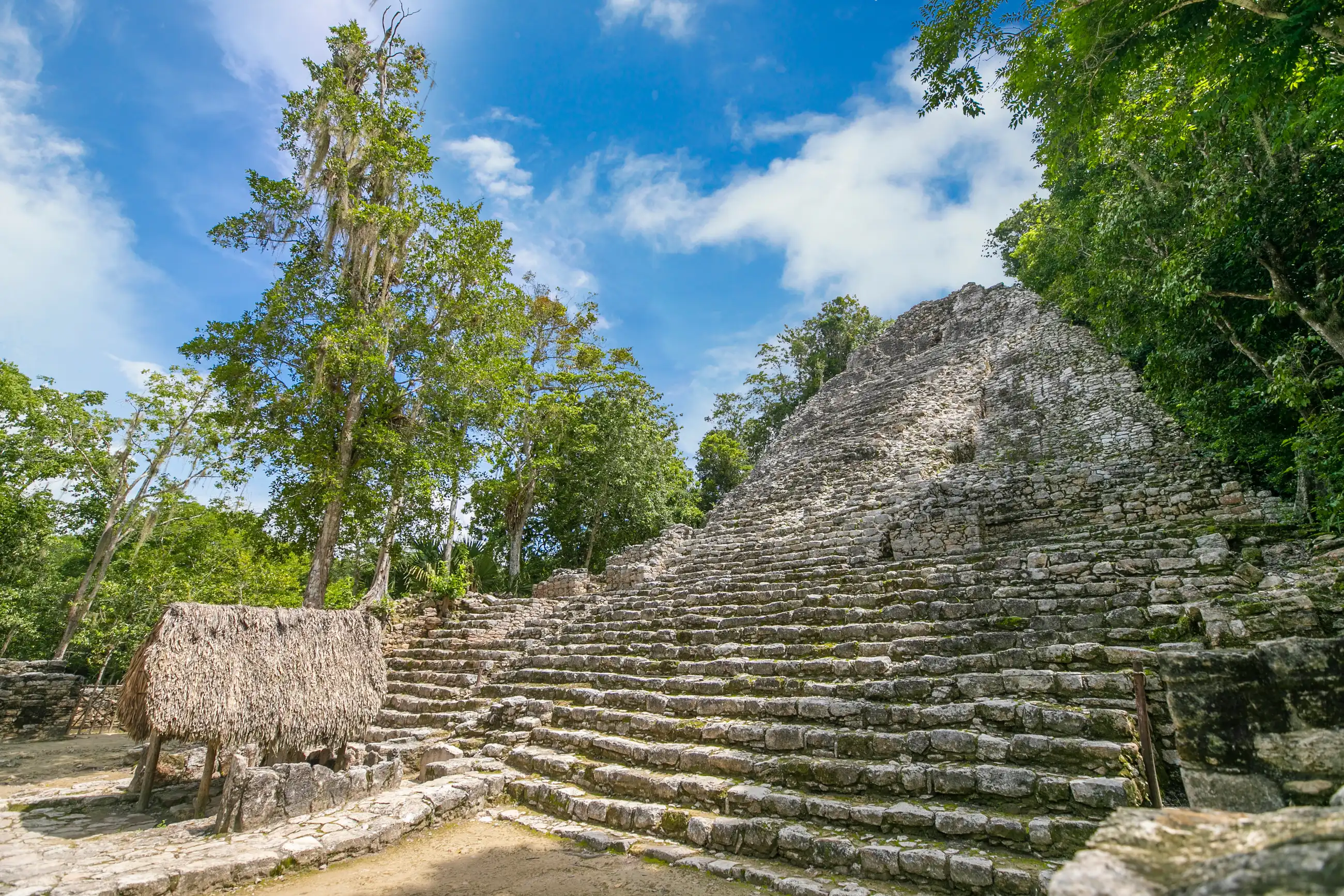 A stepped Mayan stone pyramid surrounded by jungle vegetation at an archaeological site on Cozumel, Mexico.