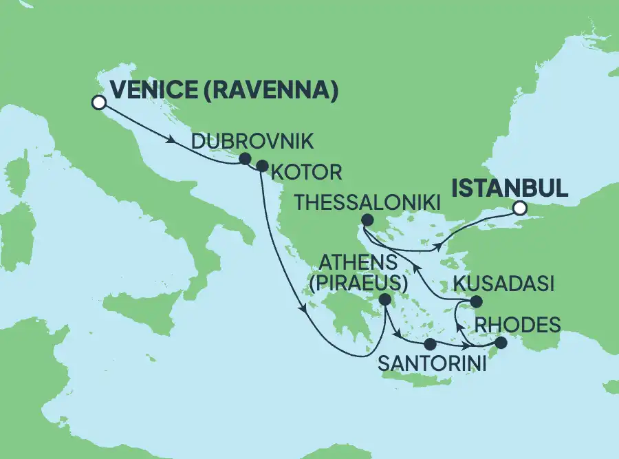 A Norwegian Cruise Line itinerary map of the Adriatic and eastern Mediterranean, showing Venice/Ravenna as the departure point with ports across Italy, Croatia, Greece and Turkey linked by a route line.