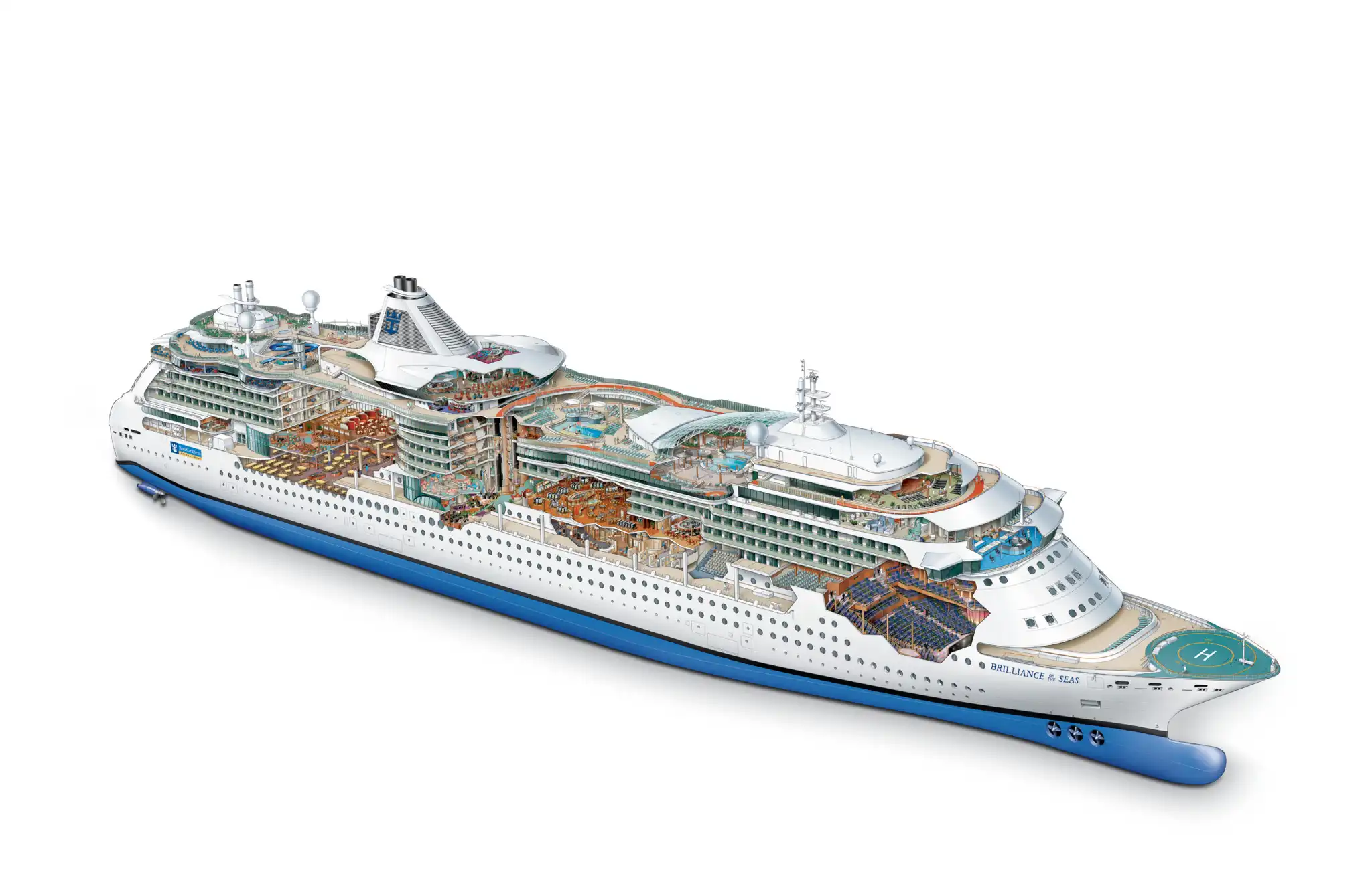 Cutaway illustration of Royal Caribbean's Brilliance of the Seas, revealing her deck-by-deck interior layout of pools, restaurants and cabins.