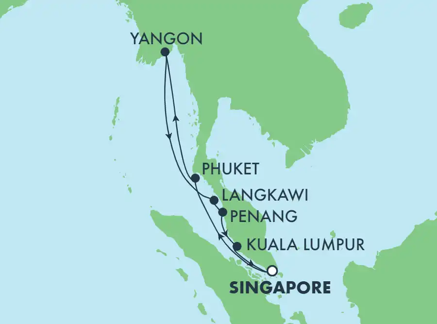 A Norwegian Cruise Line itinerary map tracing a route down the Andaman Sea coast from Yangon through Phuket, Langkawi, Penang and Kuala Lumpur to Singapore.