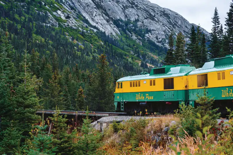A yellow and teal vintage passenger train travels across a wooden trestle bridge through a dense coniferous forest with dramatic rocky mountain cliffs in the background. This is a scenic railroad excursion, likely a shore excursion stop in Skagway, Alaska.