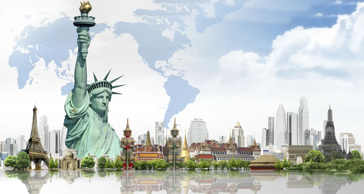 Global landmarks including Statue of Liberty, Eiffel Tower, and Thai temples