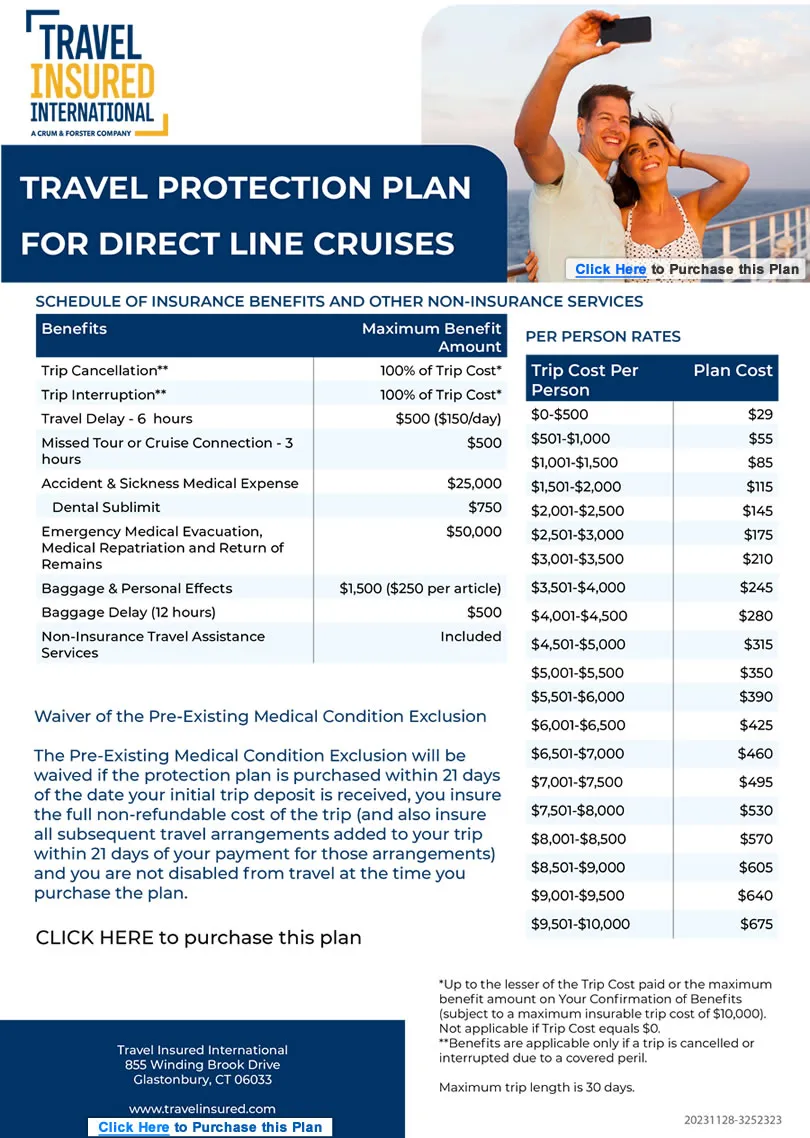 Travel insurance plan details for Direct Line Cruises with pricing