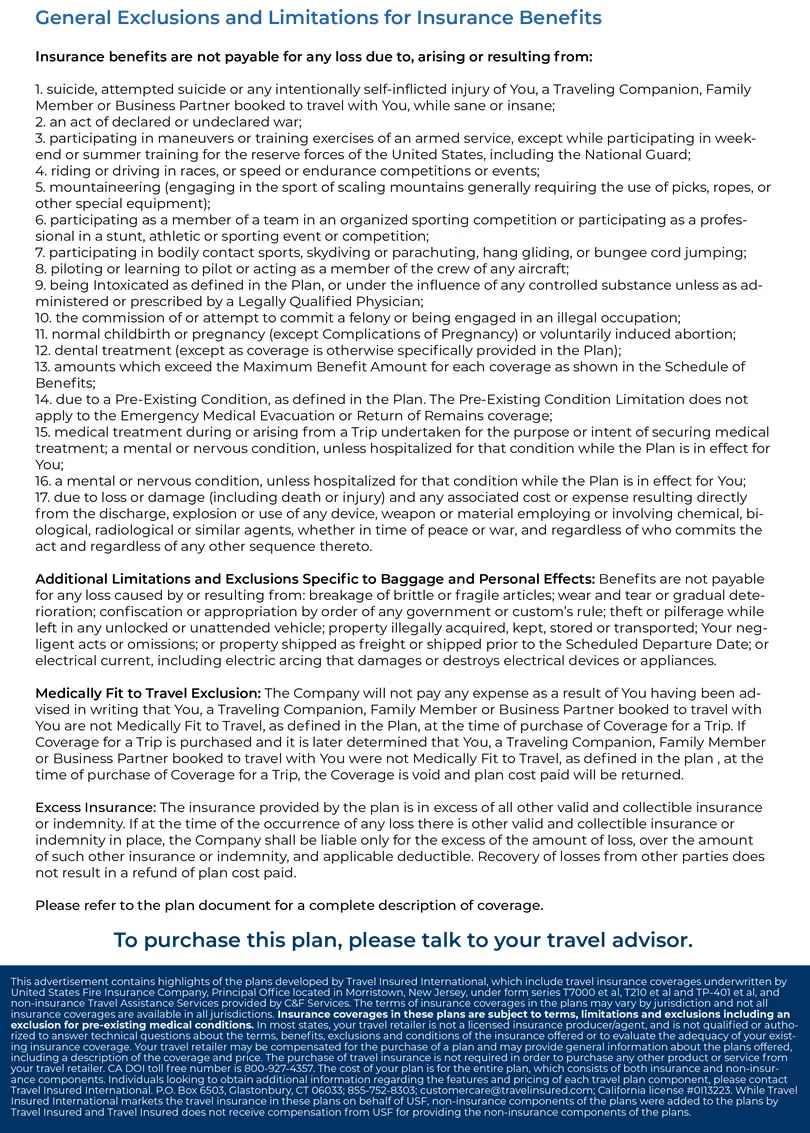 Insurance policy document listing general exclusions and limitations for travel benefits