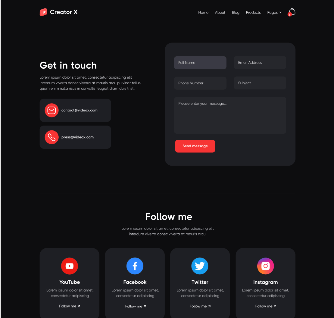 Creator X - Contact page - Youtuber Webflow Template