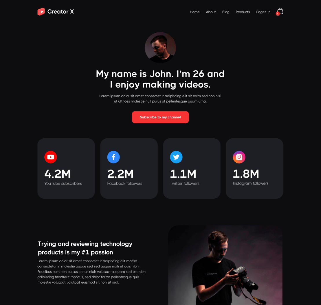 Creator X - About page - Youtuber Webflow Template