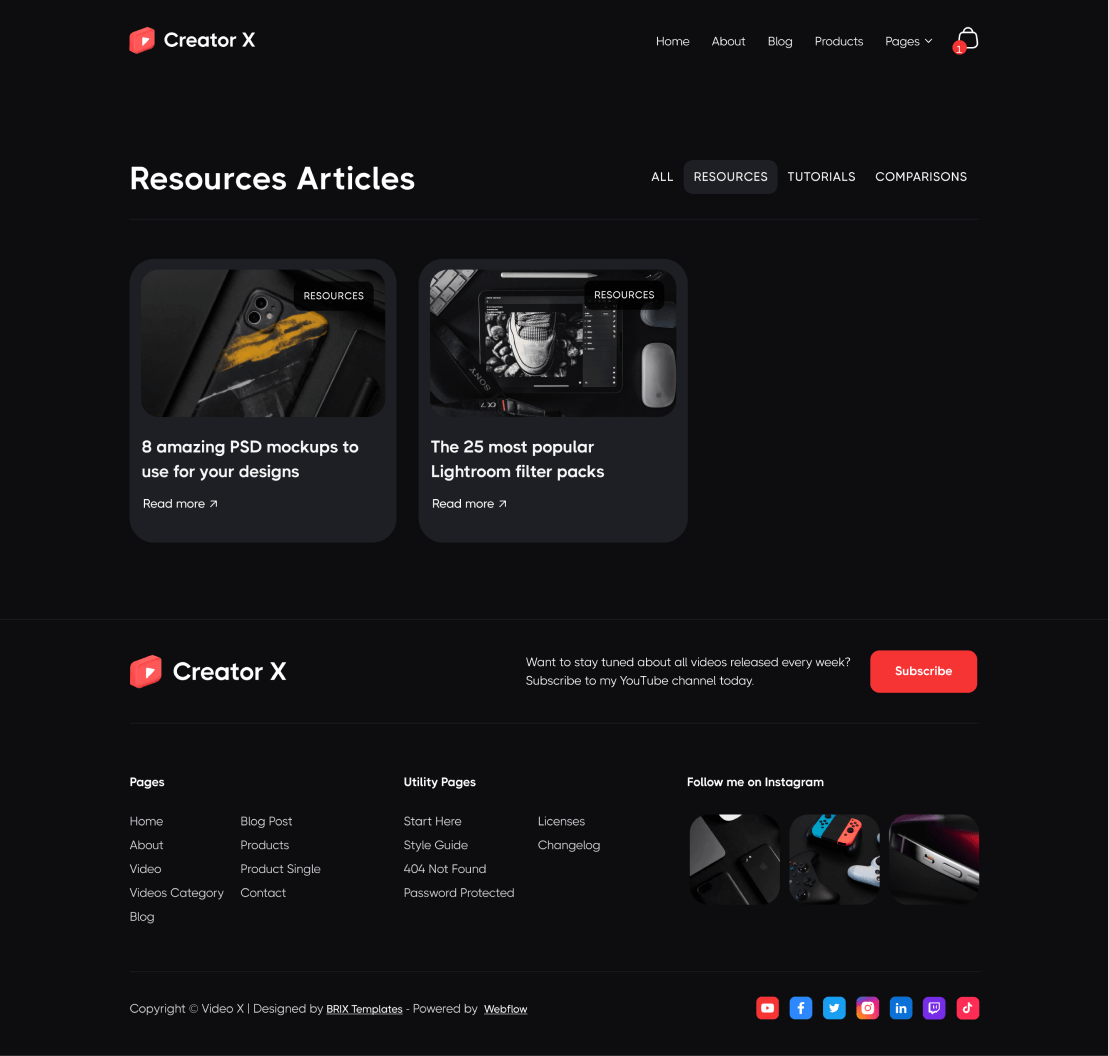 Creator X - Blog Post Category page - Youtuber Webflow Template