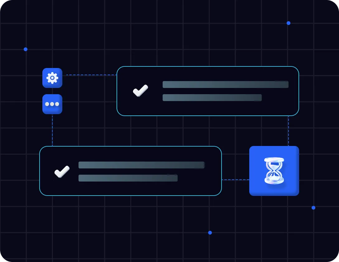 Digital flowchart with two checkmark-labeled text boxes connected by dotted lines to gear, ellipsis, and hourglass icons on a dark grid background.