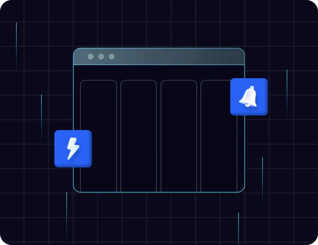 Illustration of a dark-themed web browser window with blue notification icons showing a lightning bolt and a bell.