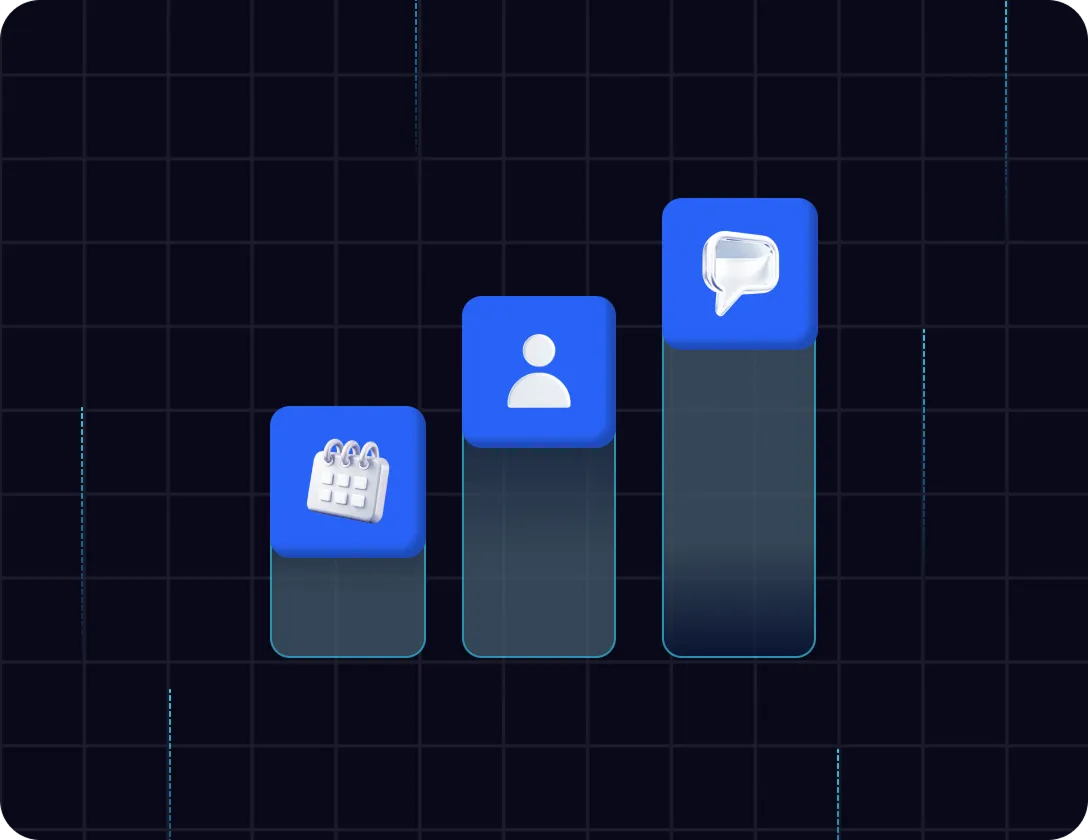 Three vertical bar graph columns with blue square icons on top showing a calendar, a person, and a speech bubble.