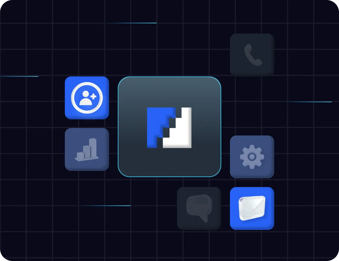 Floating square icons on dark grid background, including user with plus sign, bar chart, gear, phone, chat bubble, and envelope.
