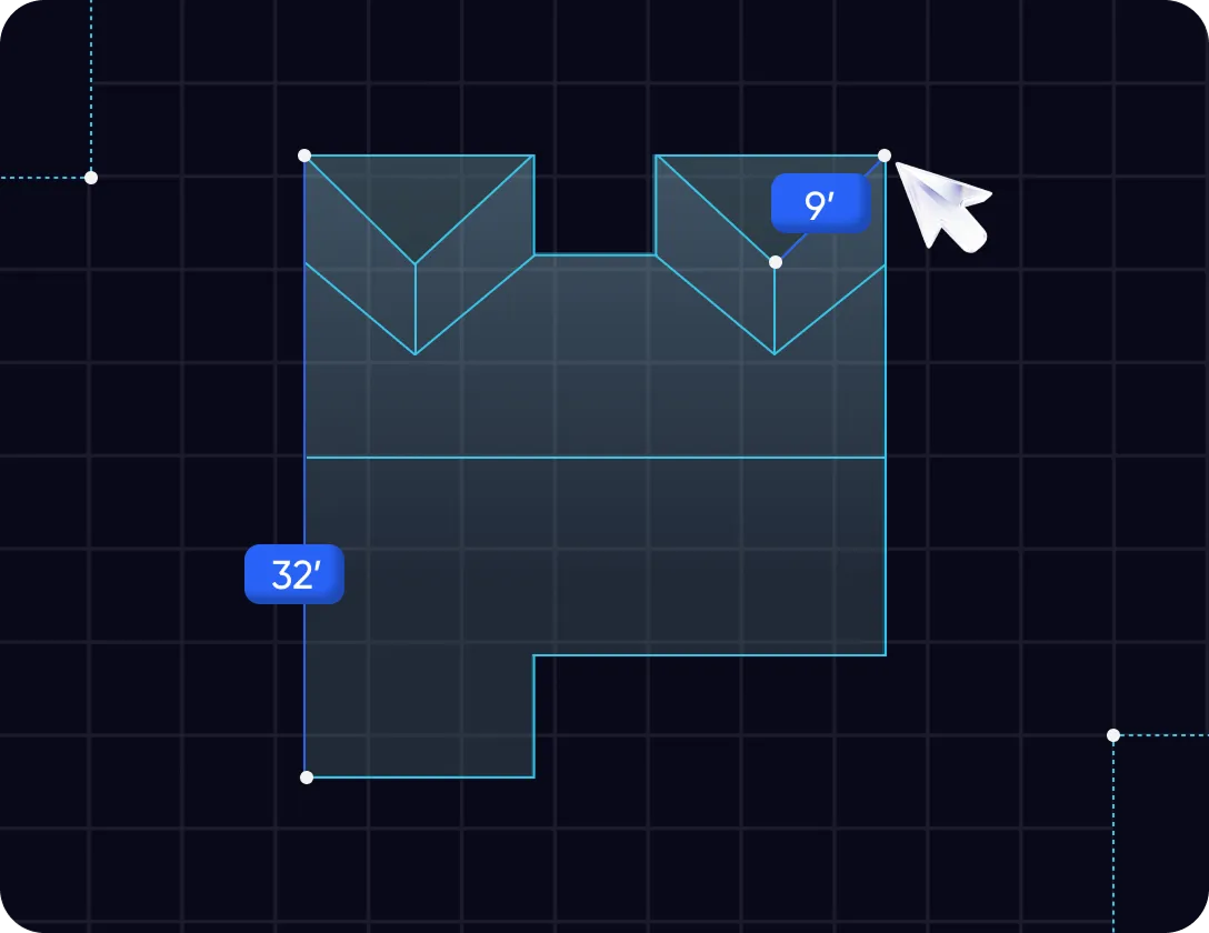 Digital blueprint of a building layout with measurements of 32 feet and 9 feet marked on the sides.