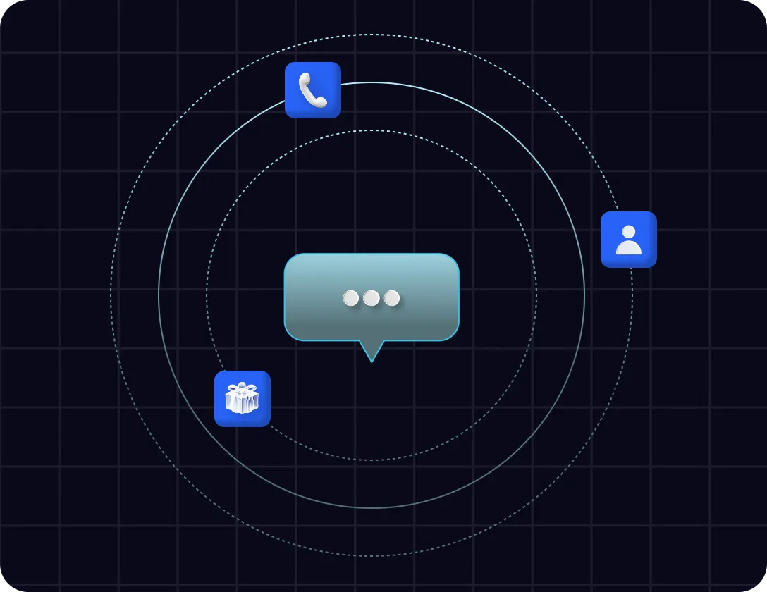 Speech bubble with typing dots centered, surrounded by icons for phone call, user profile, and gift on a dark grid background with concentric dotted circles.