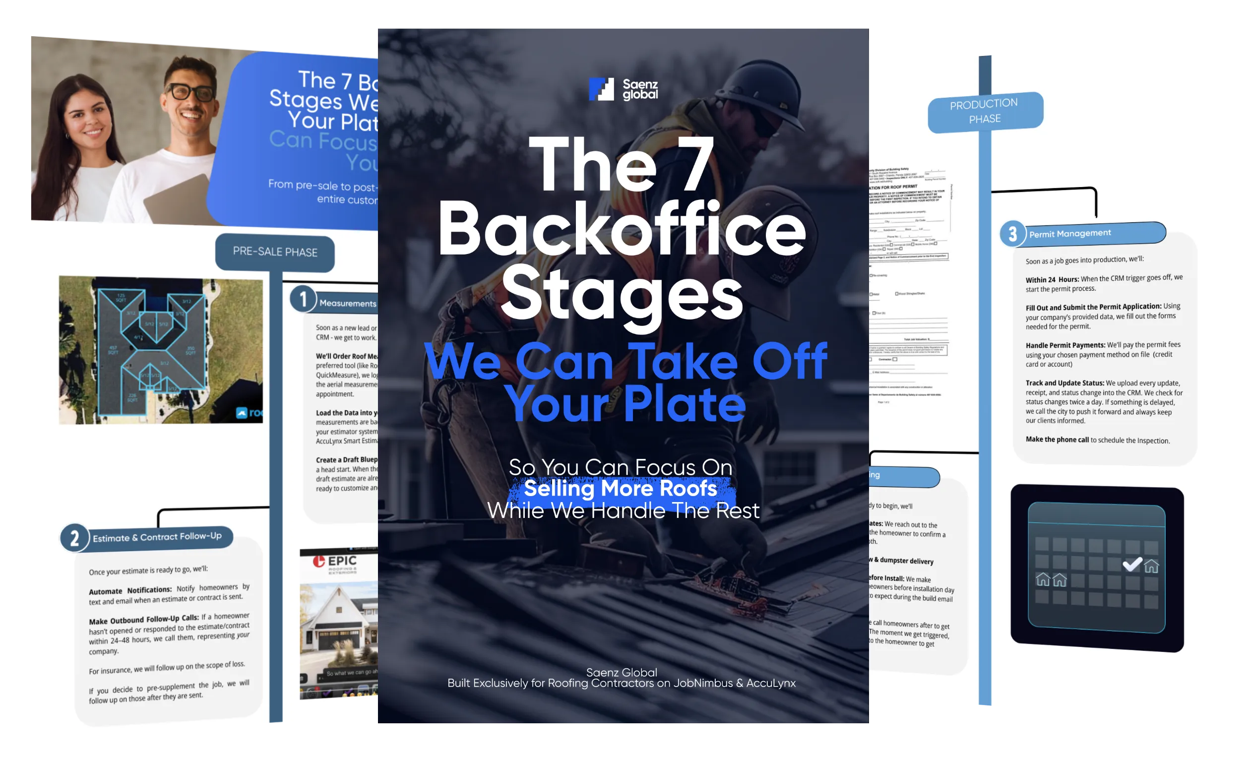 Cover of an ebook titled 'The 7 Backoffice Stages We Can Take Off Your Plate' by Saenz Global, featuring a worker on a roof with safety gear, with blurred pages outlining pre-sale and production phases in the background.